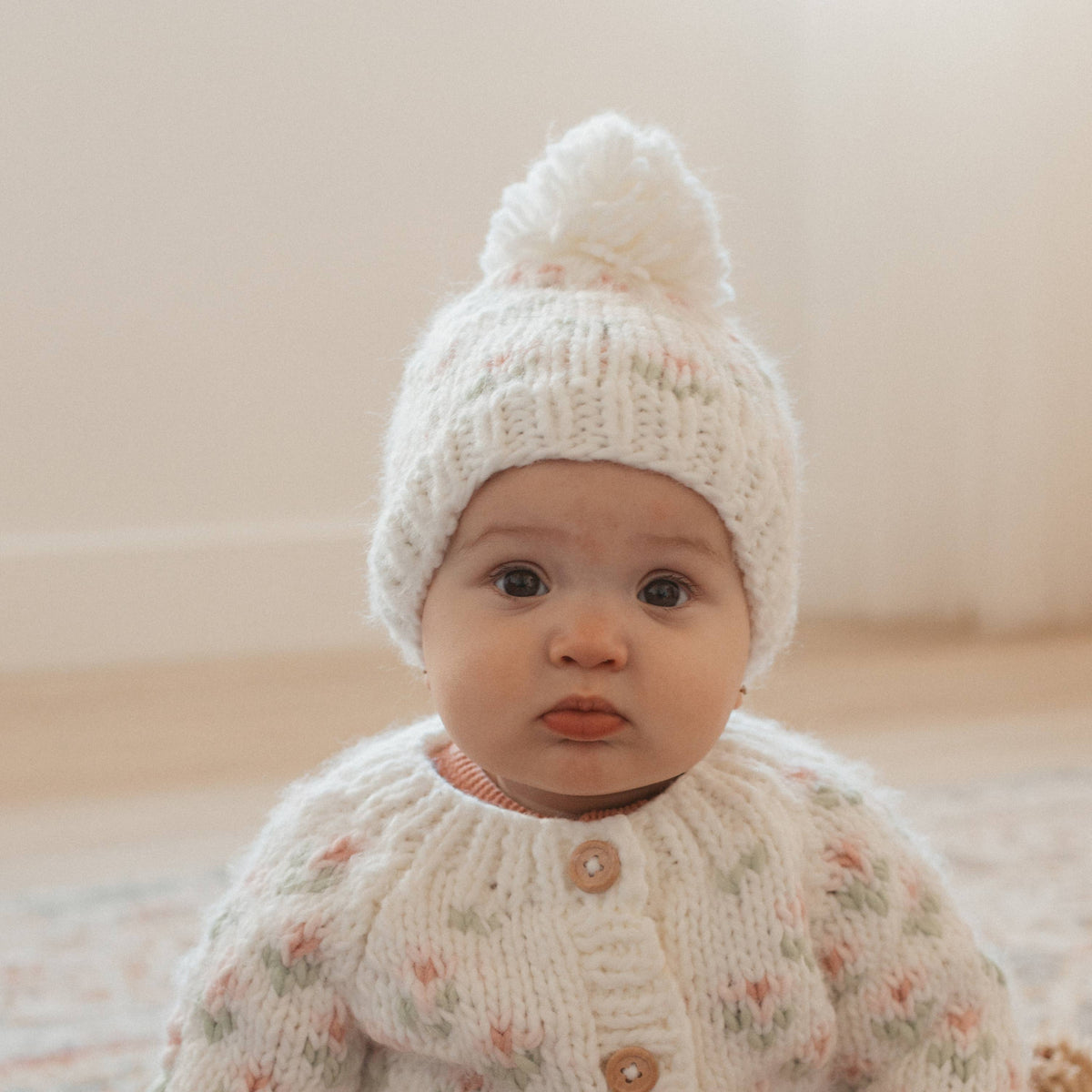 Bitty Blooms White Beanie