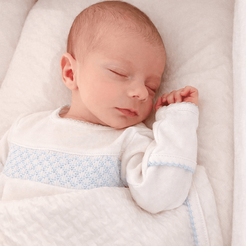 Baby Boy Smocked White Footie with Blue Trim